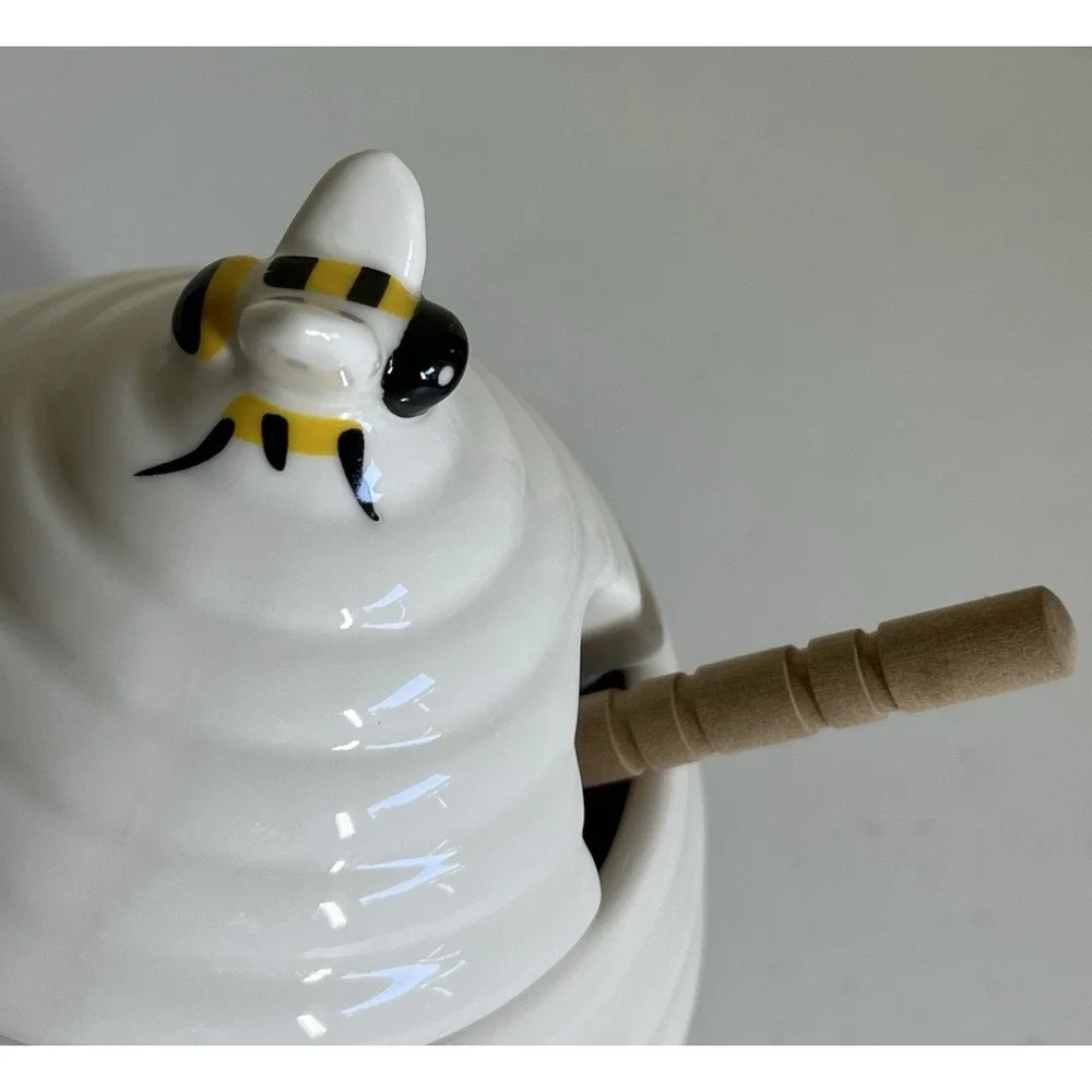Ceramic Bee Honey Jar Wooden Dipper Beehive Kitchen Decor Cottagecore Farmhouse